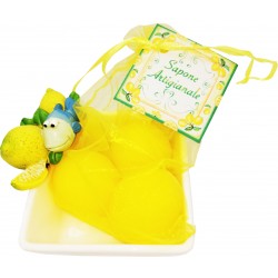 Ciotola Limone con pesce con un sacchetto da 3 pz sapone limone con cartoncino personalizzabile da 25 gr cad. conf. cellophane