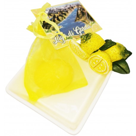 Ciotola Limone  con un sacchetto da 1 pz sapone limone da 25 gr cad. con cartoncino personalizzabile  conf. cellophane