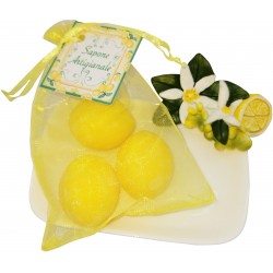 Portasapone limone con fiore con sacchettino 3 sapone 25 gr cartoncino personalizzabile conf. cellophane